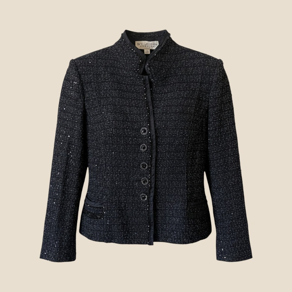St. John Evening Black Metallic Knit Jacket Beaded Crystal Button Blazer Size 4